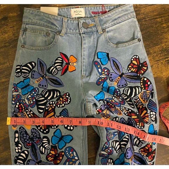 Alice + Olivia Beautiful Embroidered Butterfly Bell Jeans Pant - Picture 9 of 16